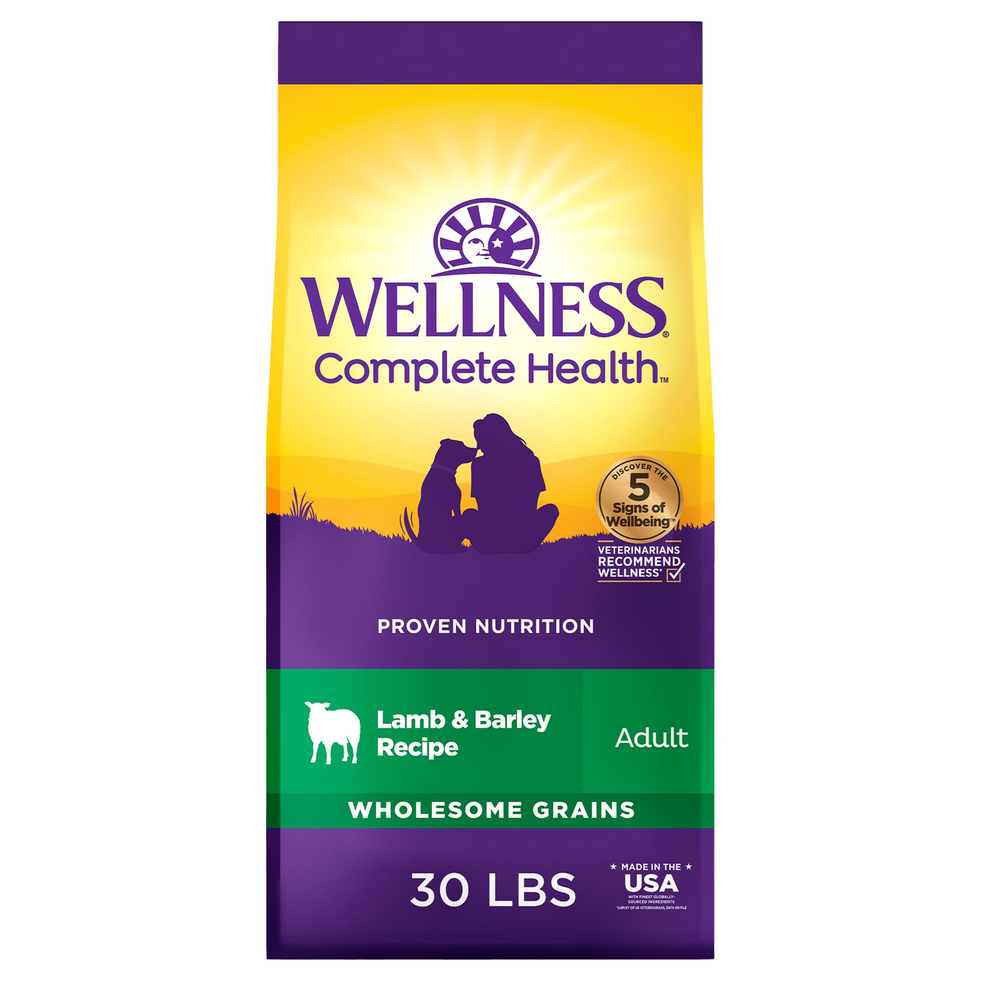 Wellness Complete Health lamb and barley kibble nourishes adult dogs with balanced nutrition.