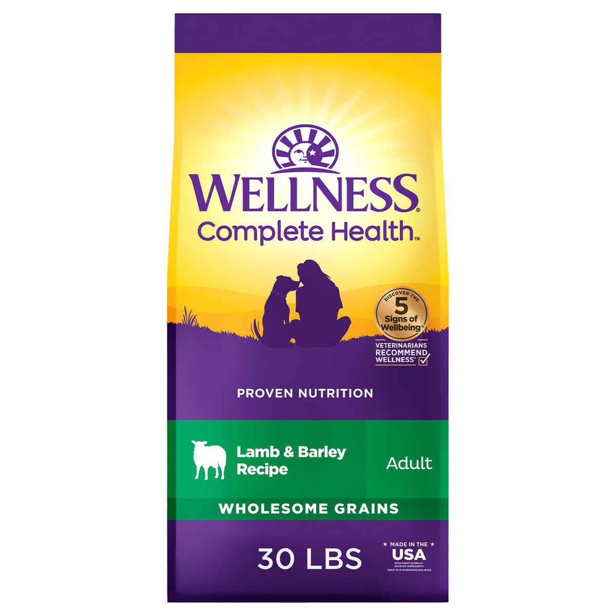 Wellness Complete Health lamb and barley kibble nourishes adult dogs with balanced nutrition.