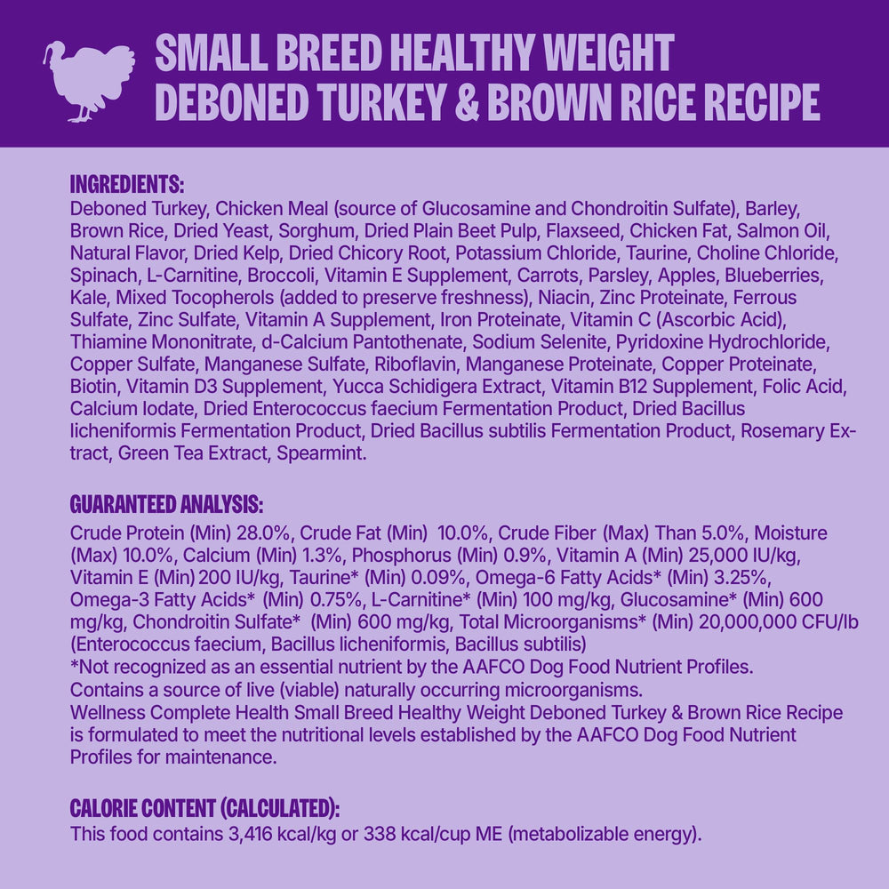 Wellness Complete Health formula with glucosamine supports joints for small breed mobility.