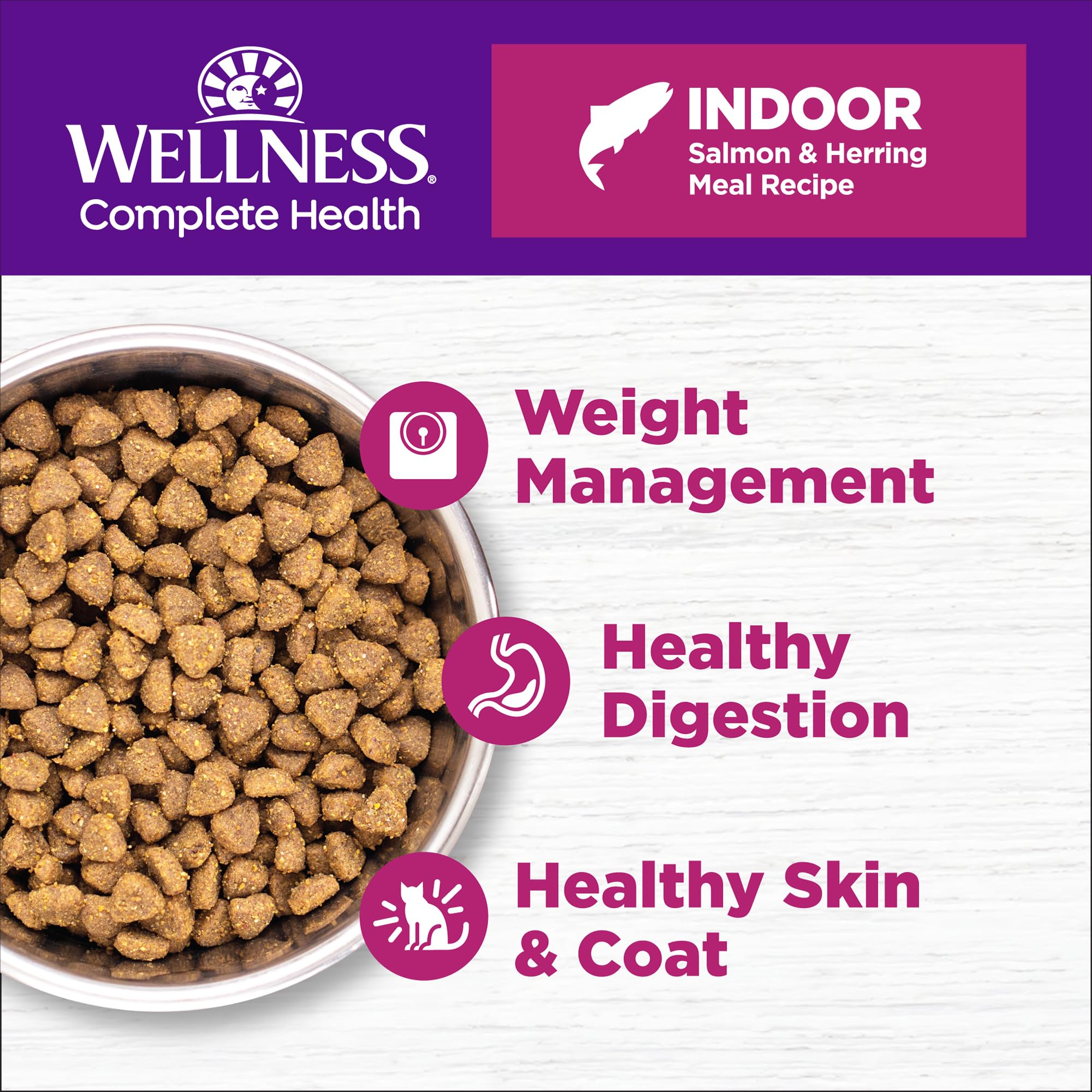 Wellness Complete Health grain free dry cat food bag shows premium salmon and herring for healthy meals