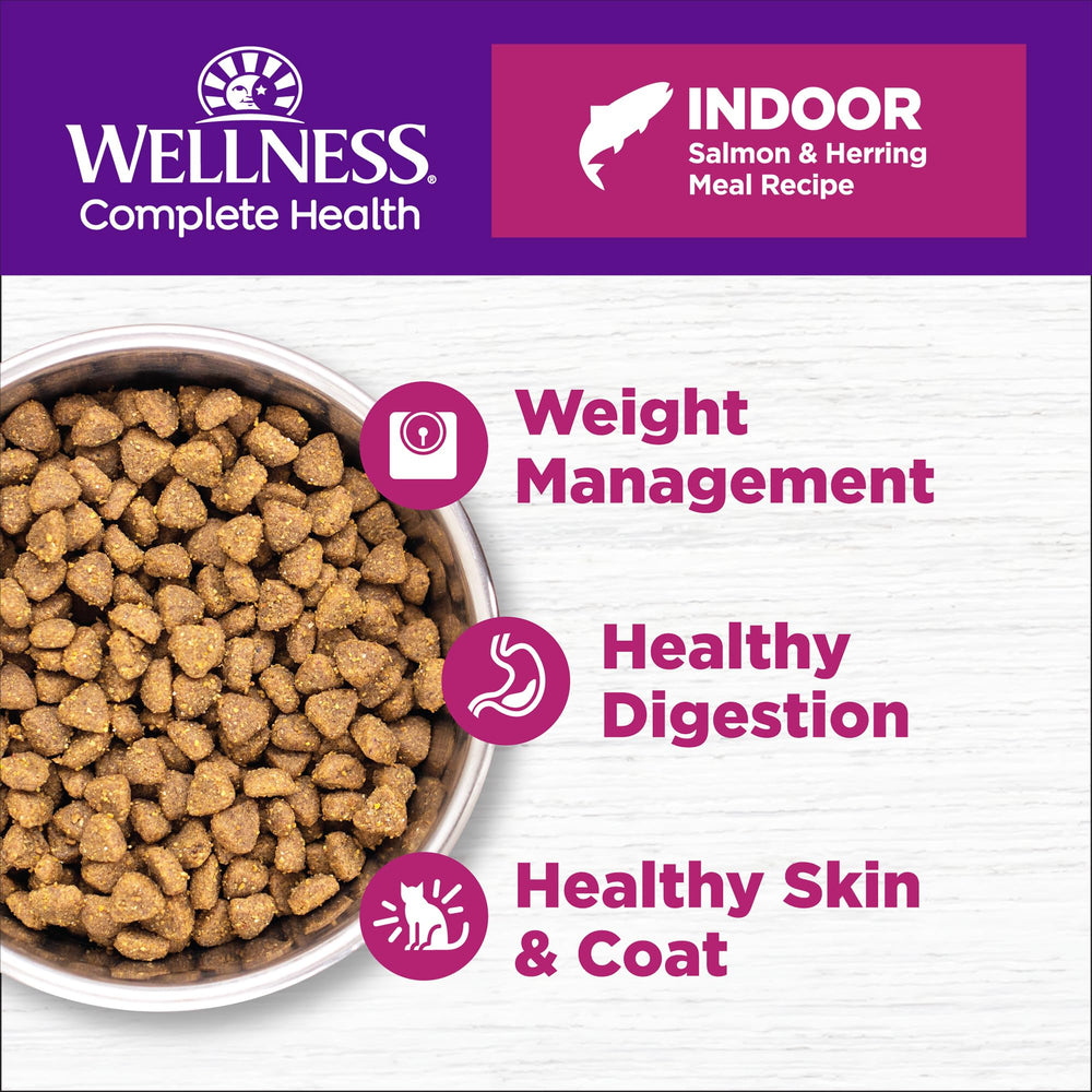 Wellness Complete Health grain free dry cat food bag shows premium salmon and herring for healthy meals