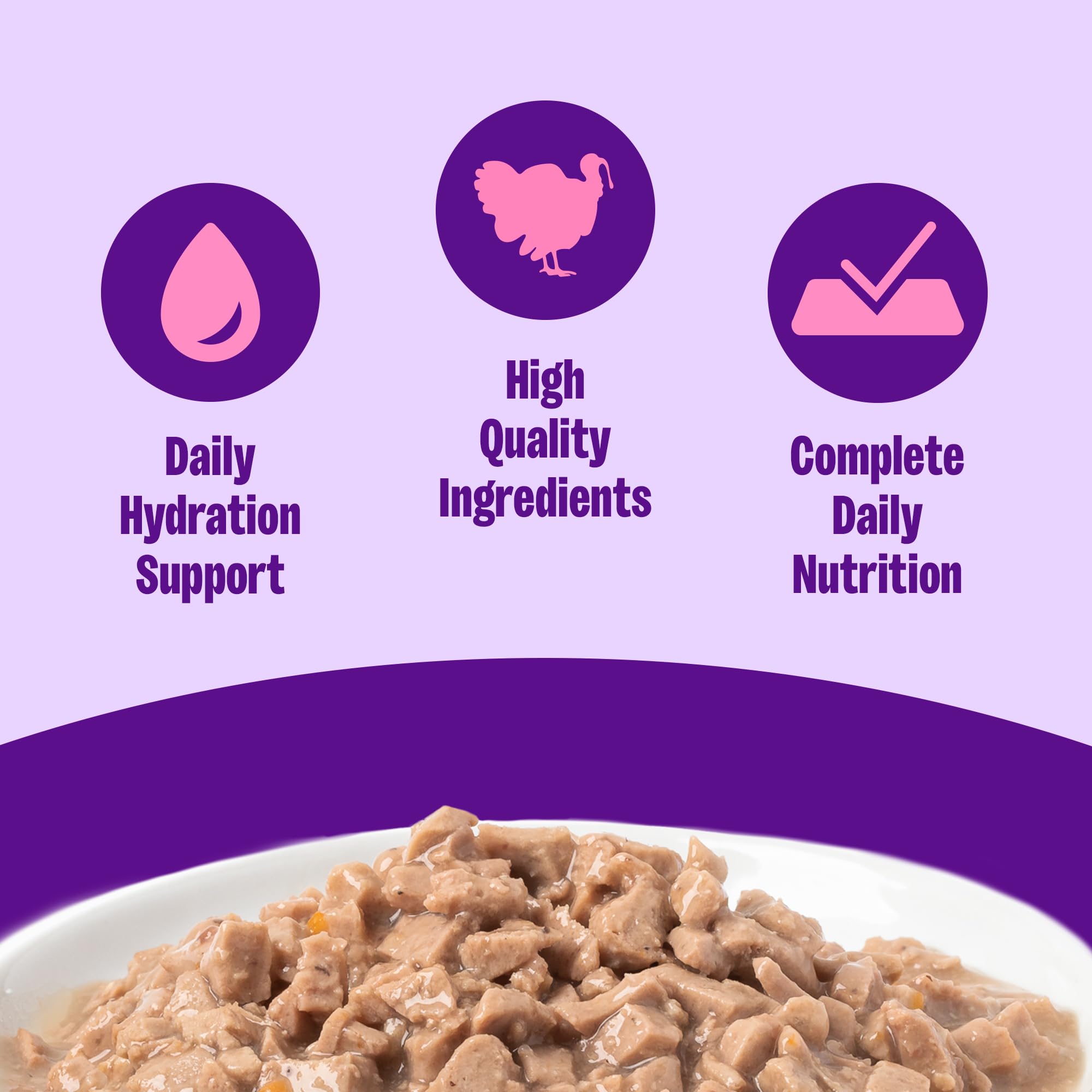 Wellness Complete Health grain-free wet cat food bowl highlights real turkey first ingredient