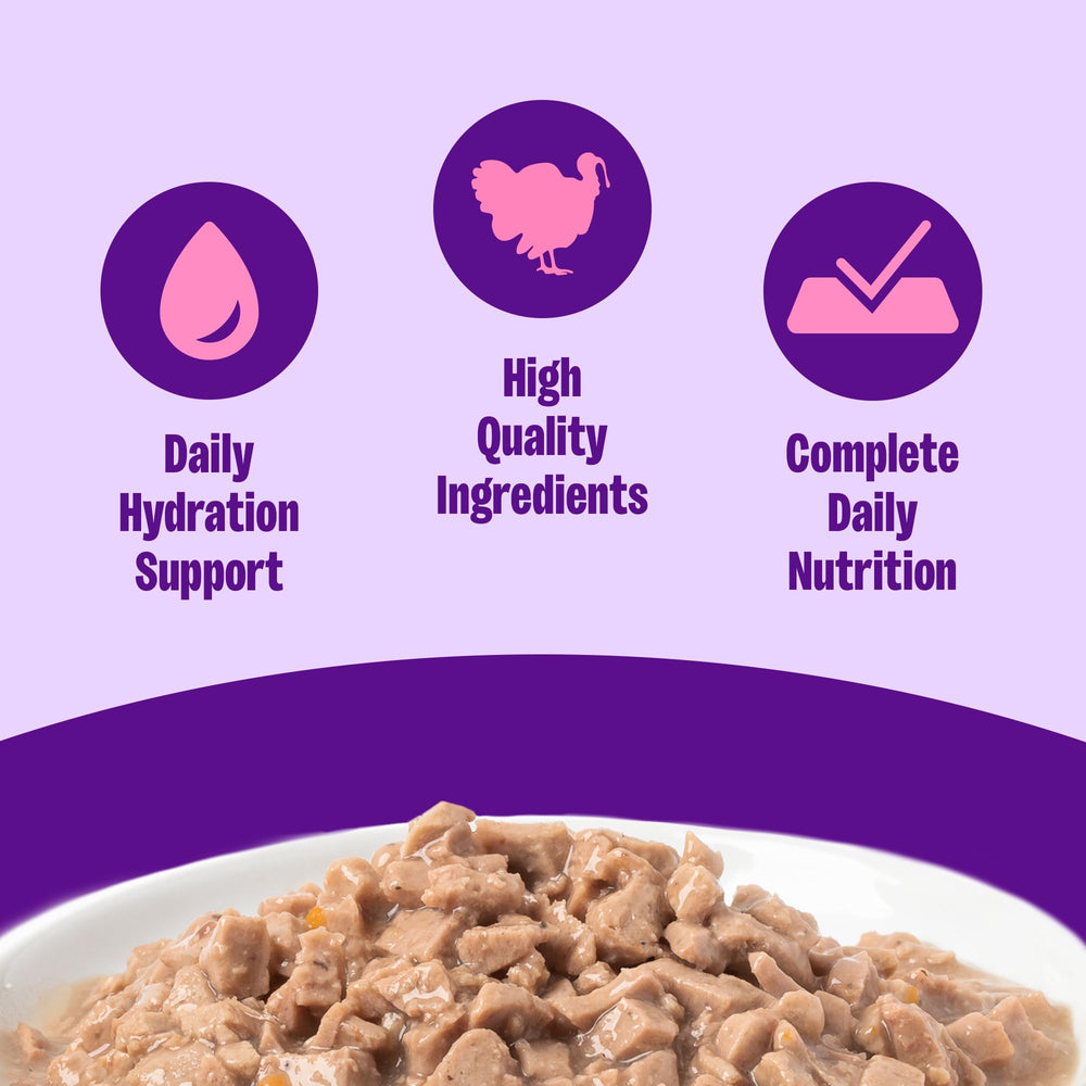 Wellness Complete Health grain-free wet cat food bowl highlights real turkey first ingredient