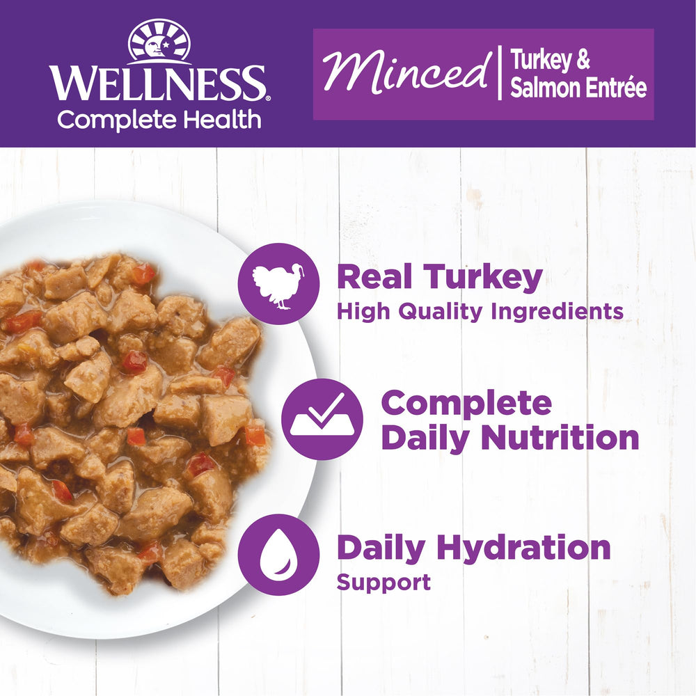 Wellness Complete Health grain-free wet cat food with tiny minced pieces in light gravy.