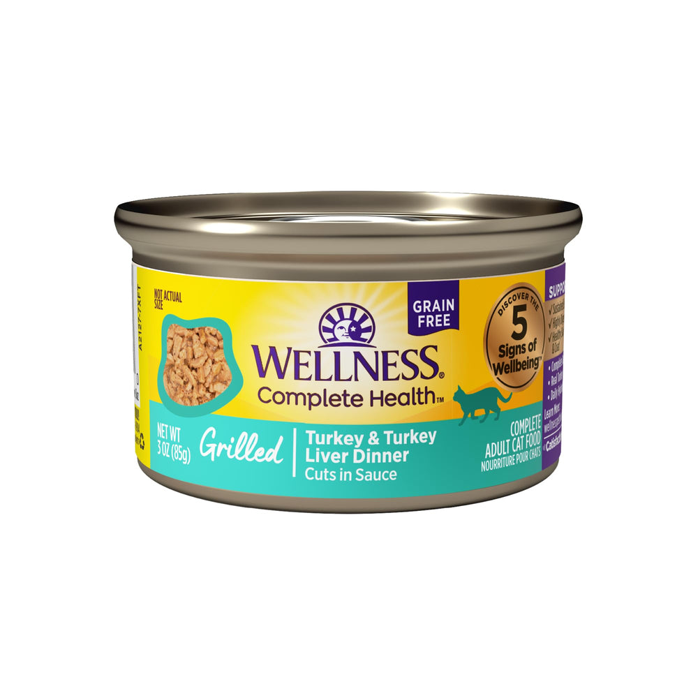 Wellness Complete Health Grilled Turkey Dinner can front label highlighting grain-free, protein-rich formula for adults.