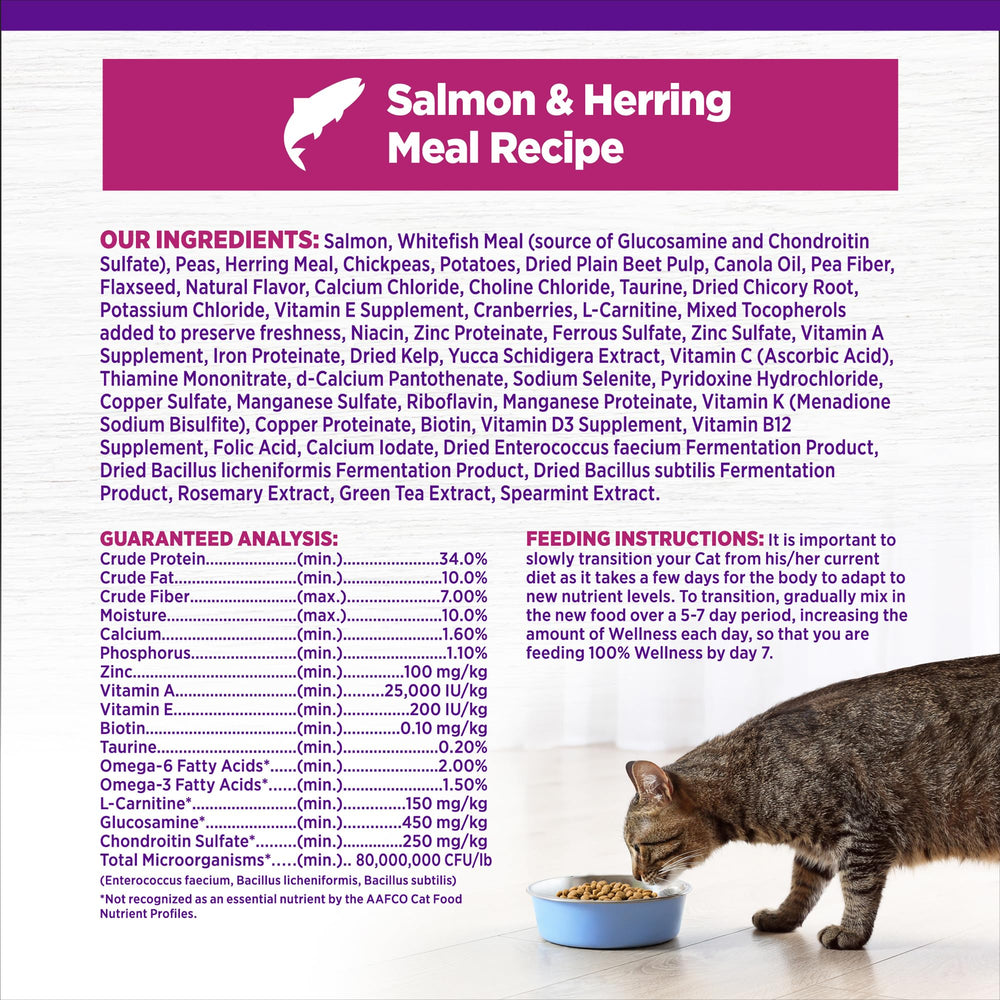 Wellness Complete Health Indoor Cat Food meat-protein salmon-herring demonstrates natural protein options.