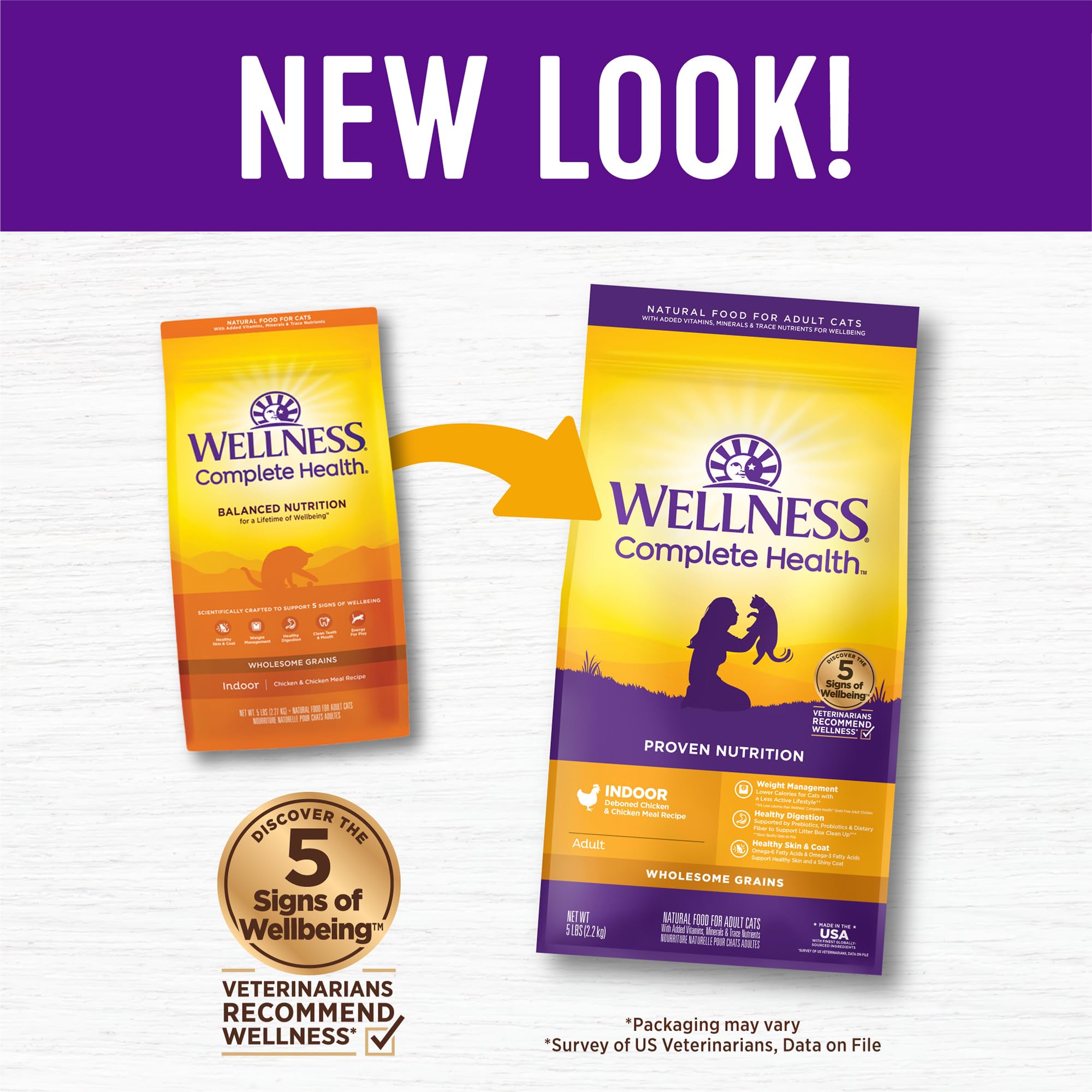 Wellness Complete Health Indoor Chicken kibble bag highlights USA-made, natural ingredients.
