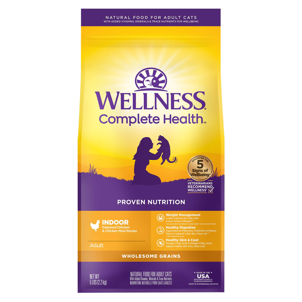 Wellness Complete Health Indoor Chicken kibble in a bowl supports balanced energy for indoor cats.