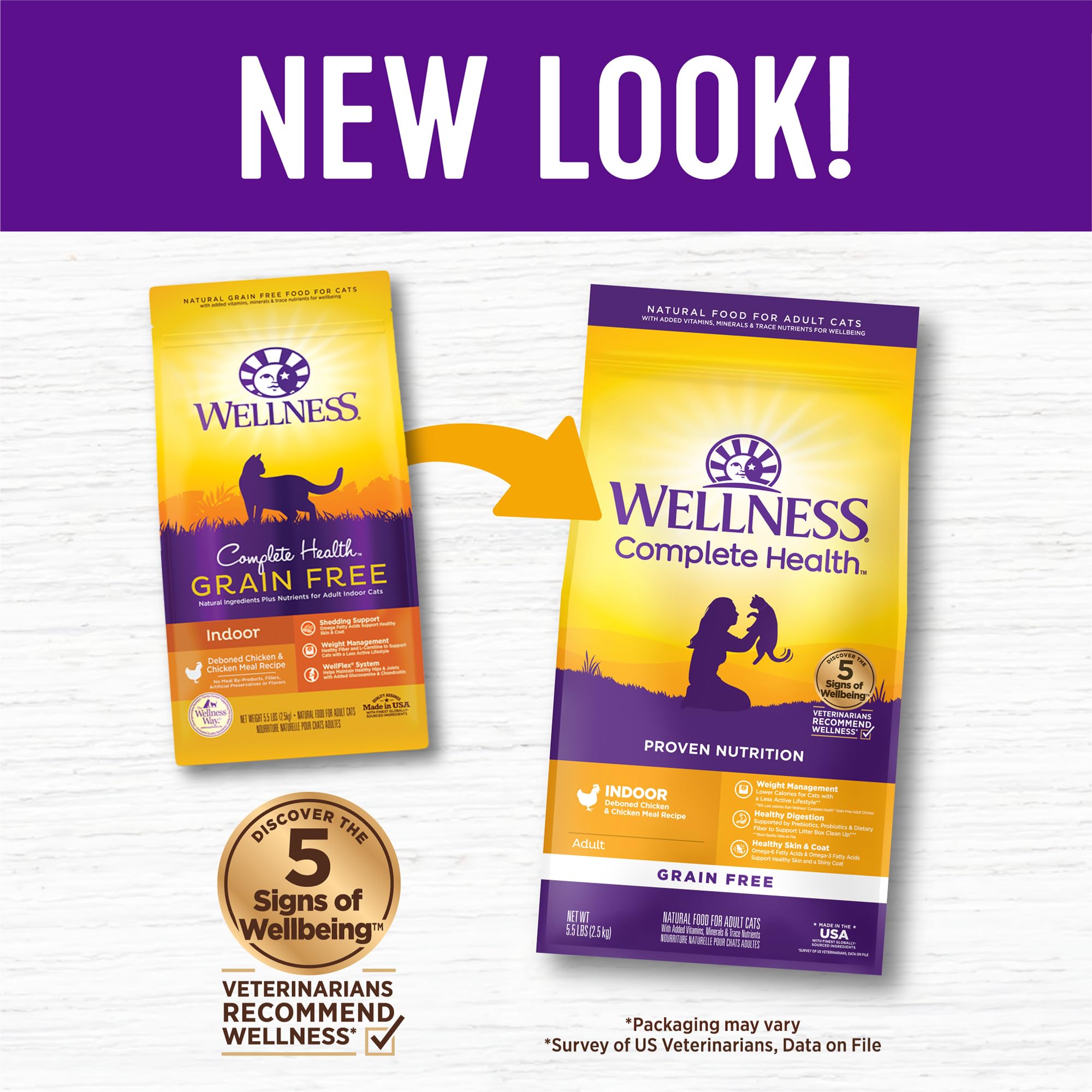 Wellness Complete Health bag label emphasizing grain-free indoor formula
