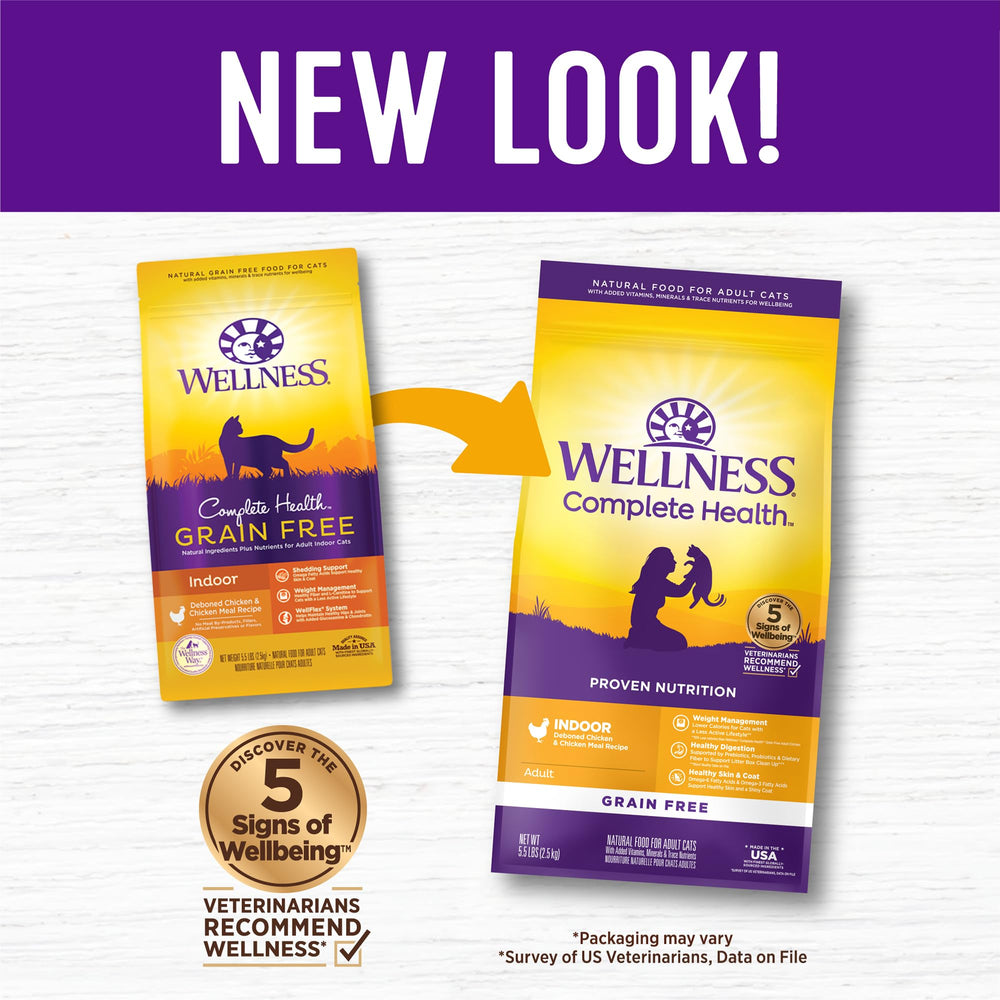 Wellness Complete Health bag label emphasizing grain-free indoor formula