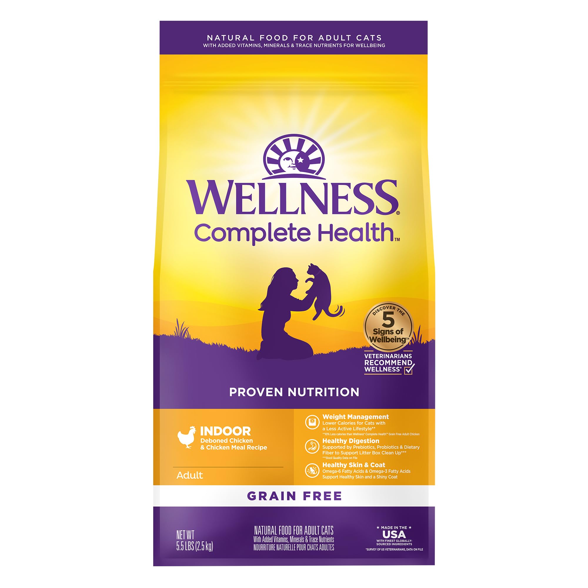 Wellness Complete Health indoor chicken kibble bowl showing grain-free nutrition for indoor cats