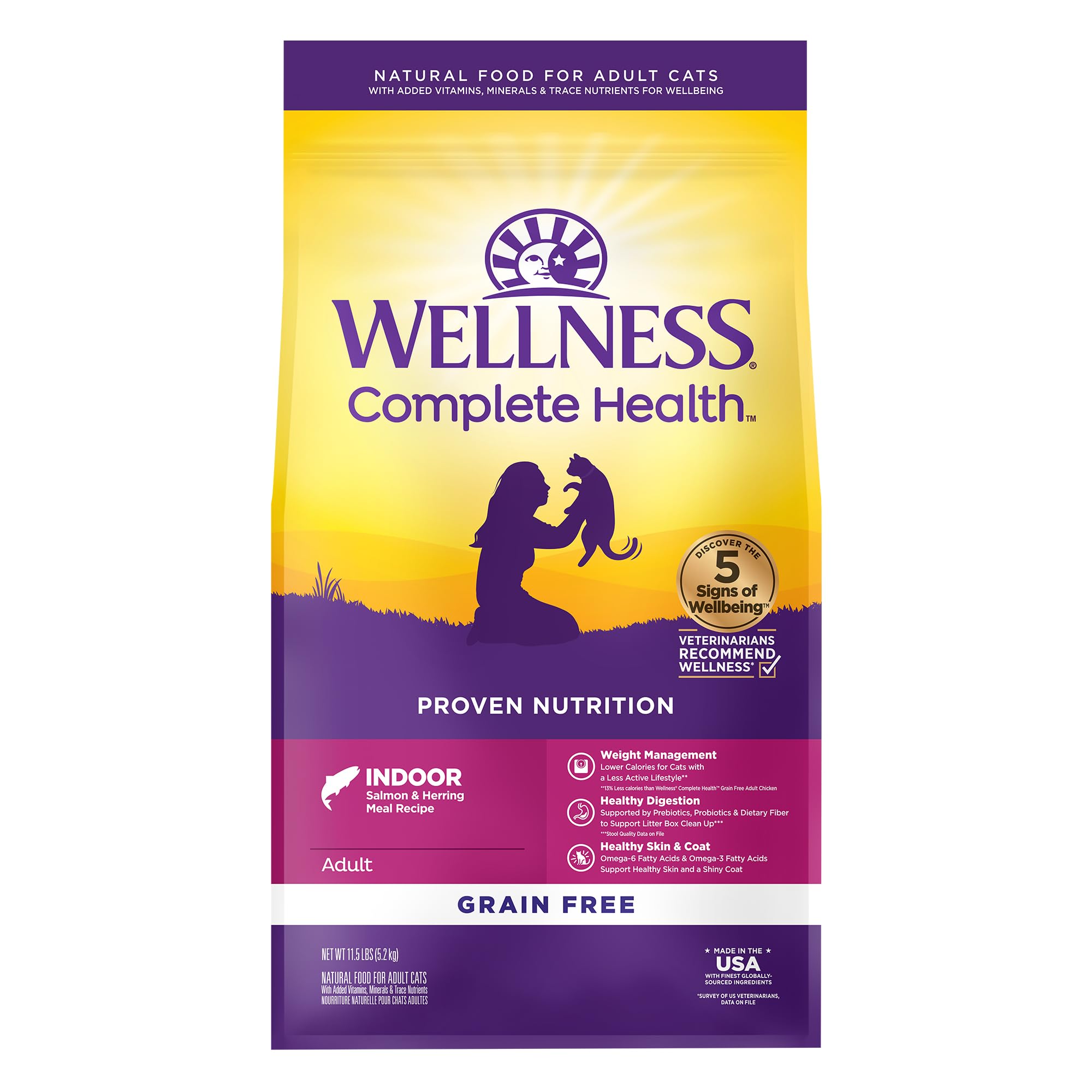 Wellness Complete Health indoor salmon herring kibble in a bowl provides grain free nutrition for indoor cats