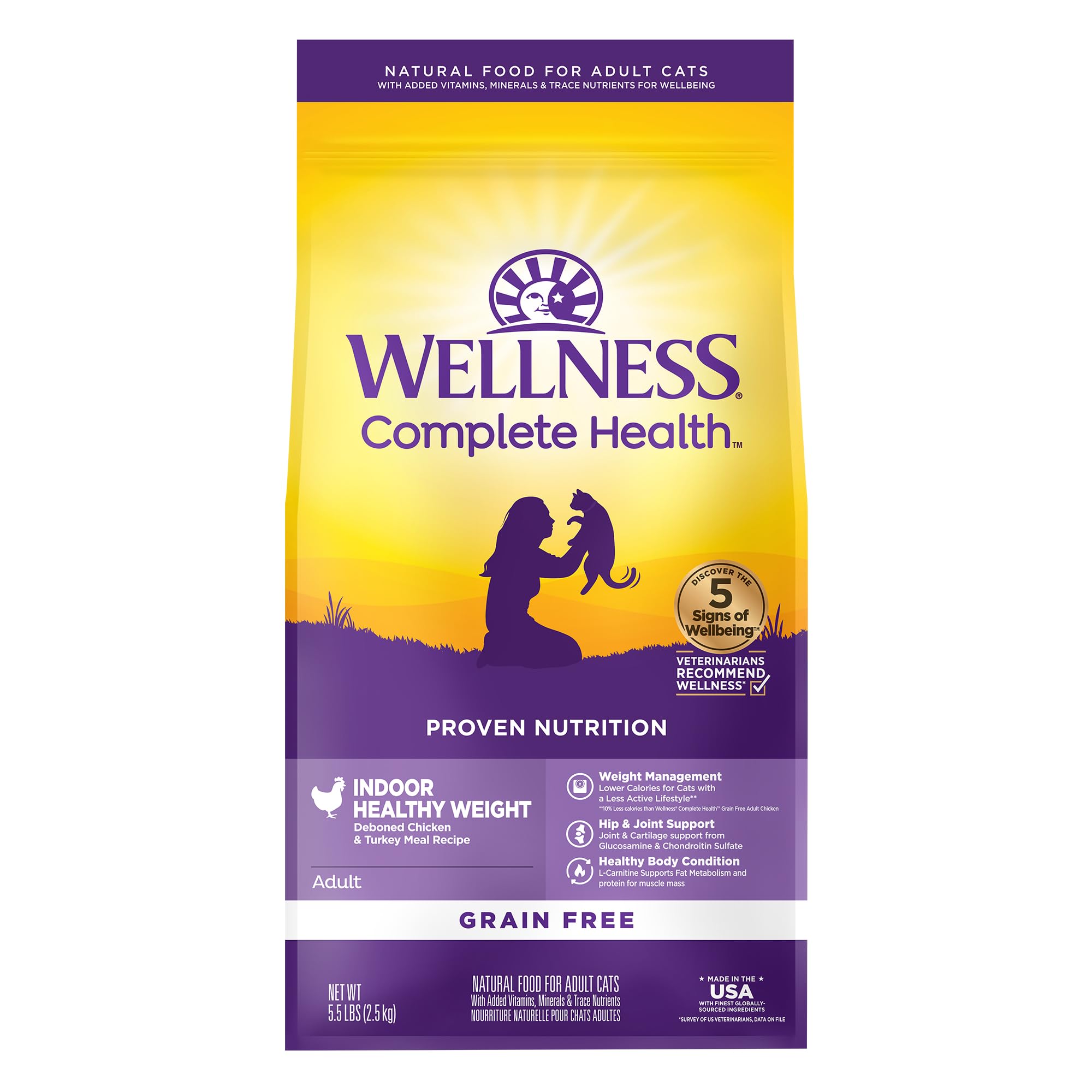 Wellness Complete Health indoor weight cat food bag showing grain-free formula