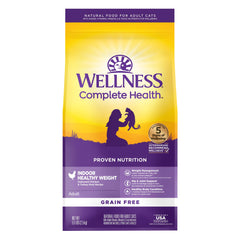 Wellness Complete Health indoor weight cat food bag showing grain-free formula