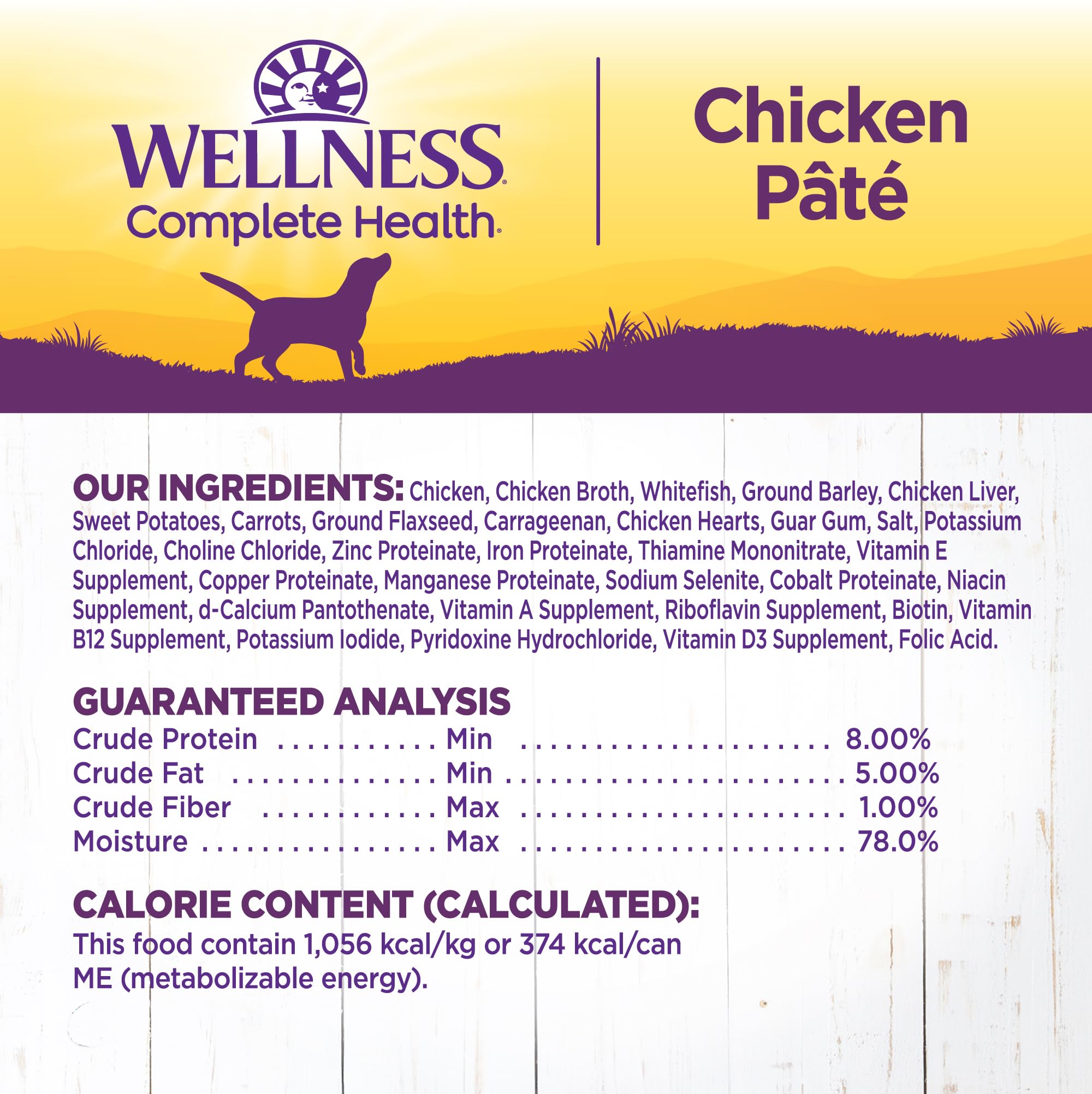 Image highlighting chicken and sweet potato ingredients in Wellness dog food.