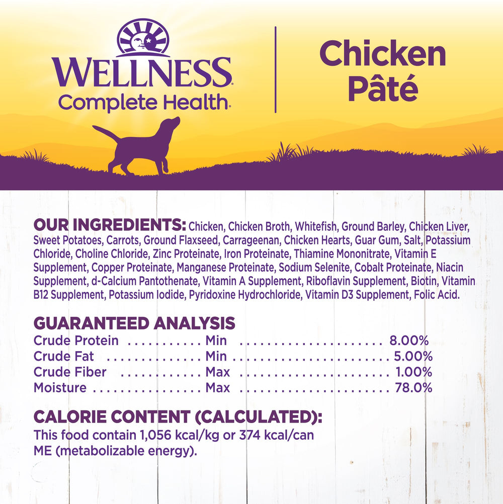 Image highlighting chicken and sweet potato ingredients in Wellness dog food.