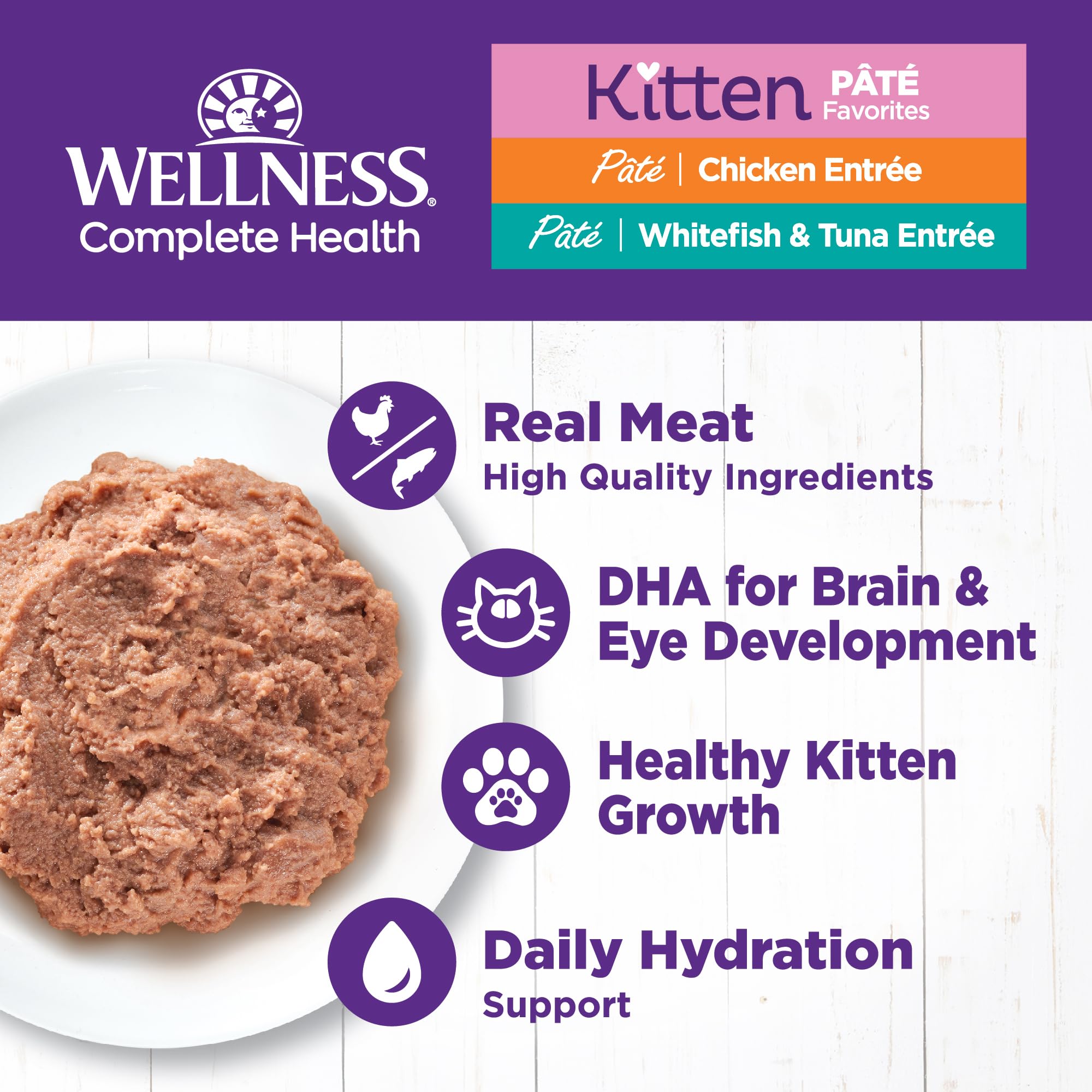 Wellness Complete Health kitten whitefish-tuna pate supports hydration and flavor.