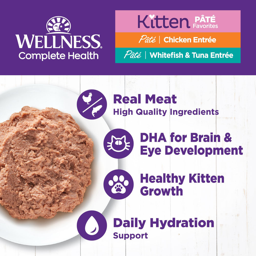 Wellness Complete Health kitten whitefish-tuna pate supports hydration and flavor.