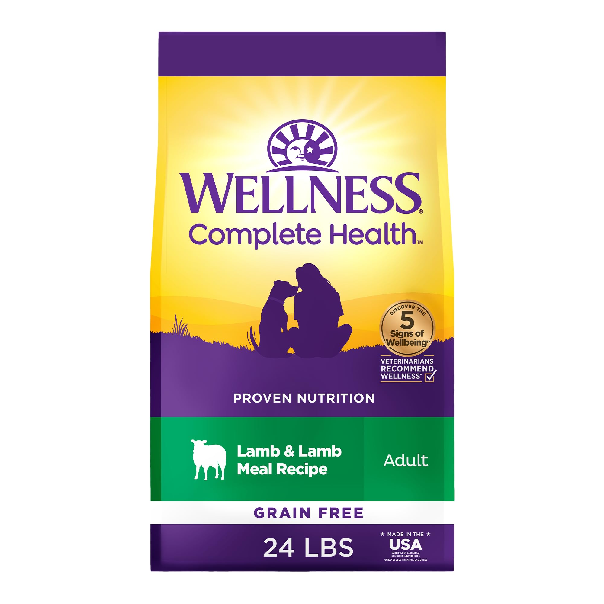 Wellness Complete Health Lamb Recipe dry dog food in a bowl, balanced meal for dogs.