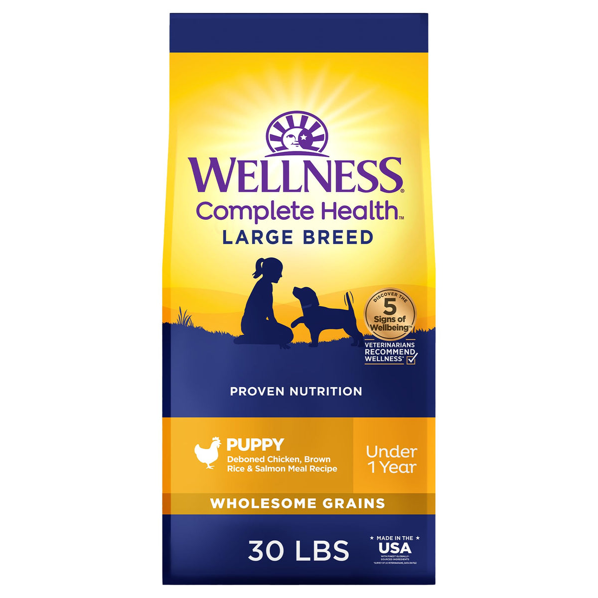 Wellness Complete Health large breed dog food bag front with protein-rich formula for health