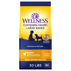 Wellness Complete Health large breed dog food bag front with protein-rich formula for health