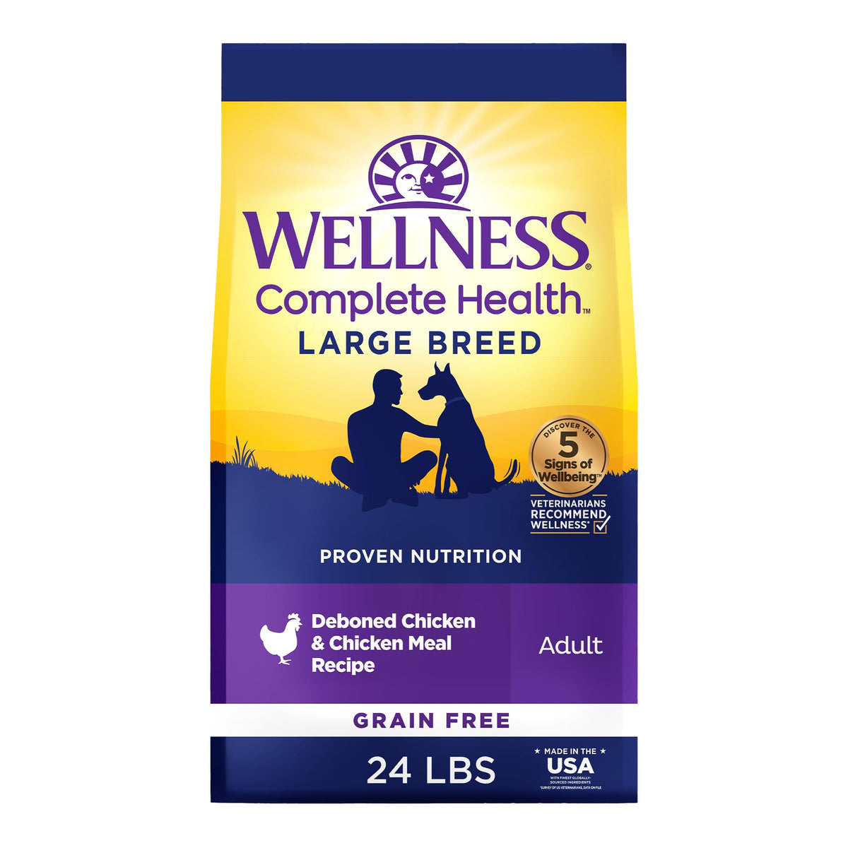 Wellness Complete Health large breed chicken recipe bag front, grain‑free nutrition for steady energy