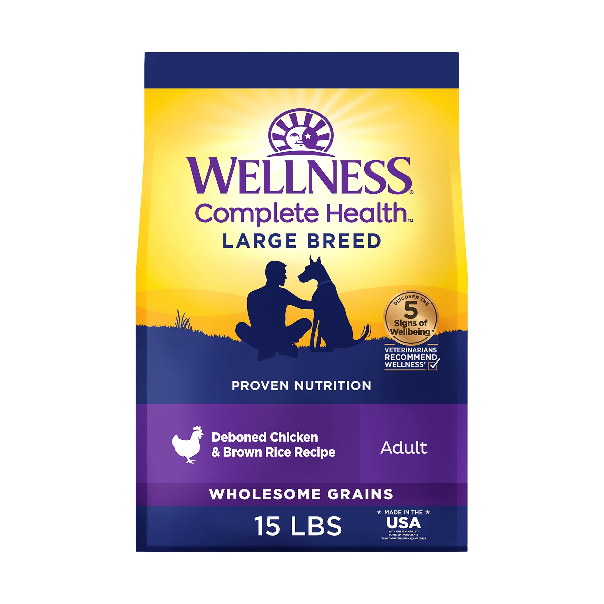 Wellness Complete Health large-breed dry dog food bag showing premium kibble for balanced nutrition