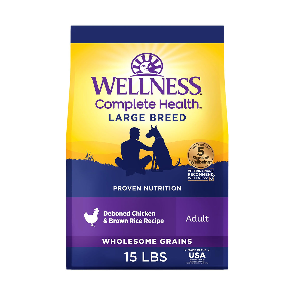 Wellness Complete Health large-breed dry dog food bag showing premium kibble for balanced nutrition