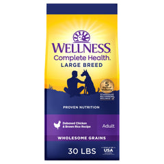 Wellness Complete Health large-breed dry dog food bag, protein-dense formula for everyday vitality