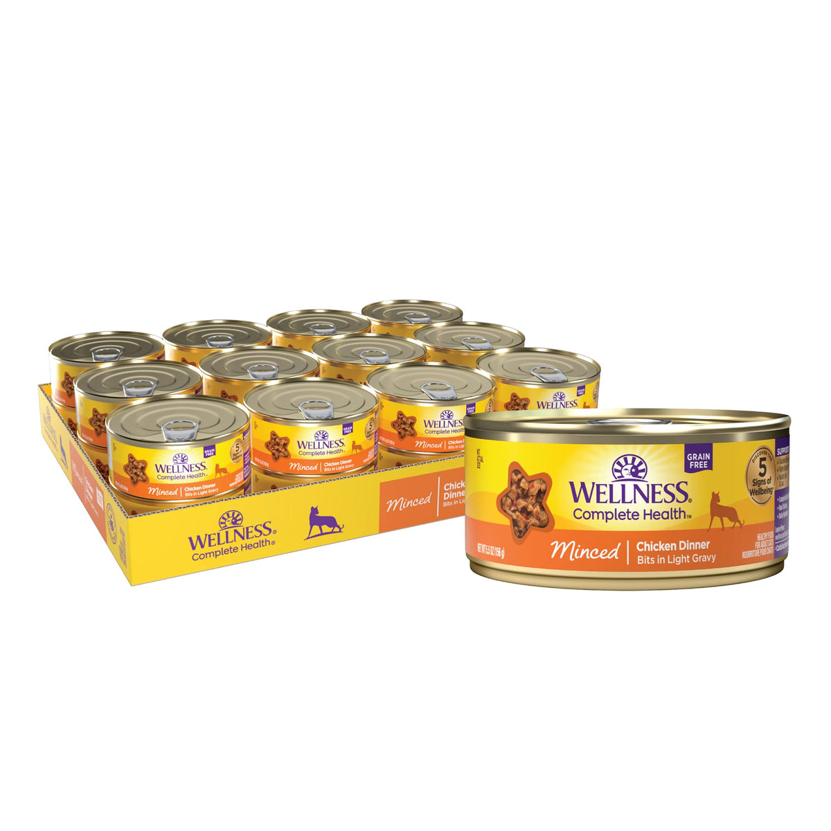 Wellness Complete Health minced adult cat food can front view, grain-free formula for balanced nutrition.