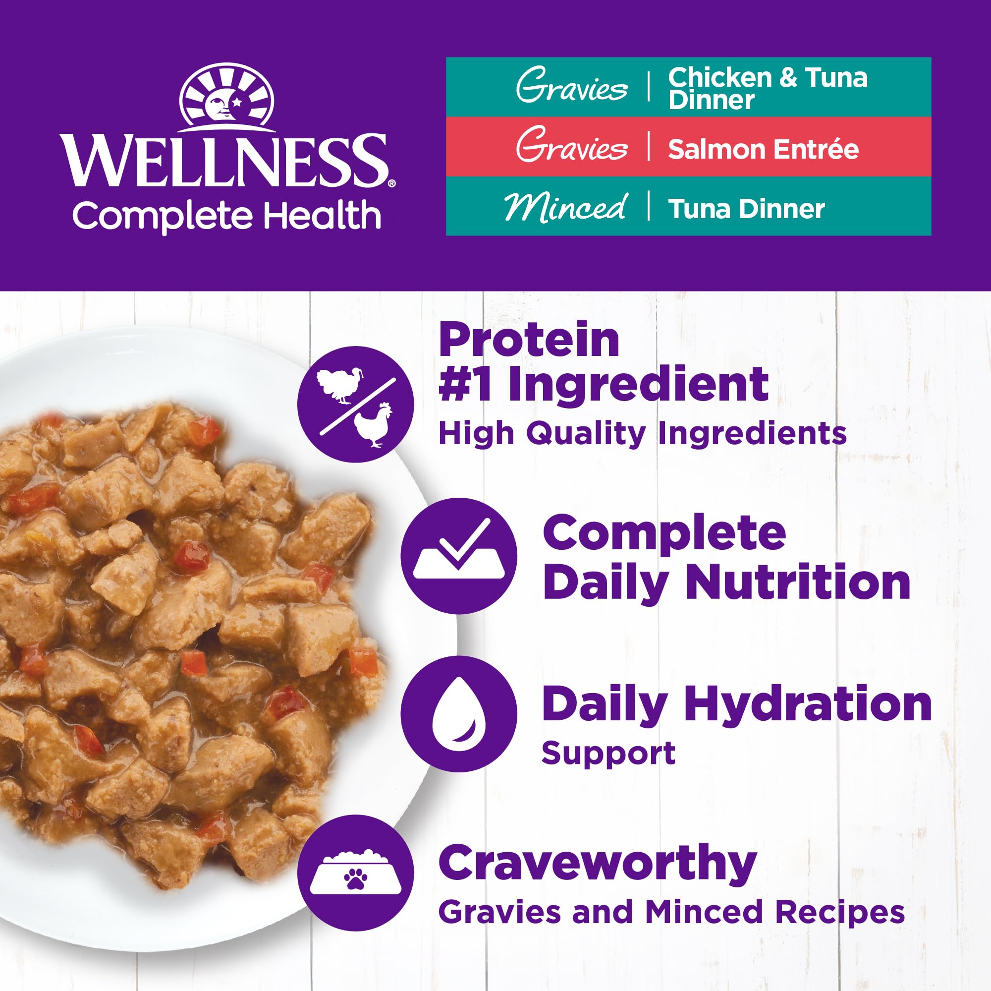 Wellness Complete Health minced-tuna bowl, savory chunks ideal for adult cat meals