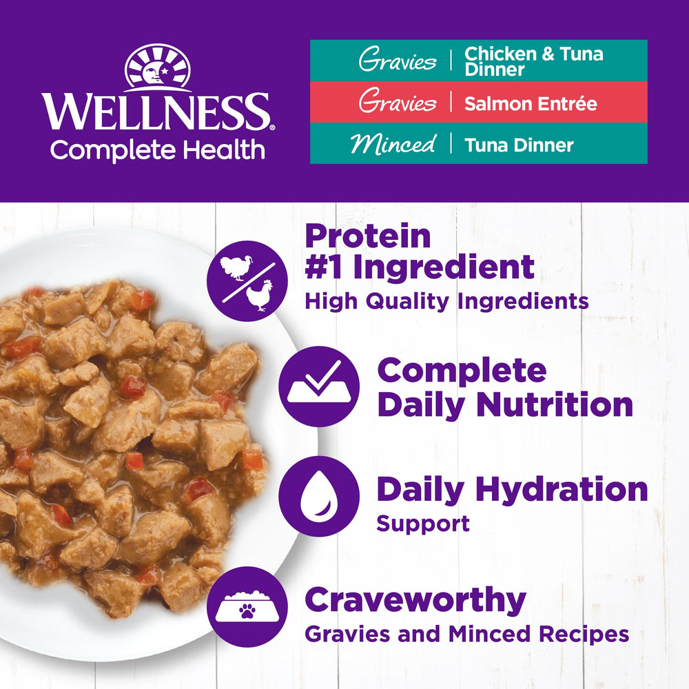 Wellness Complete Health minced-tuna bowl, savory chunks ideal for adult cat meals