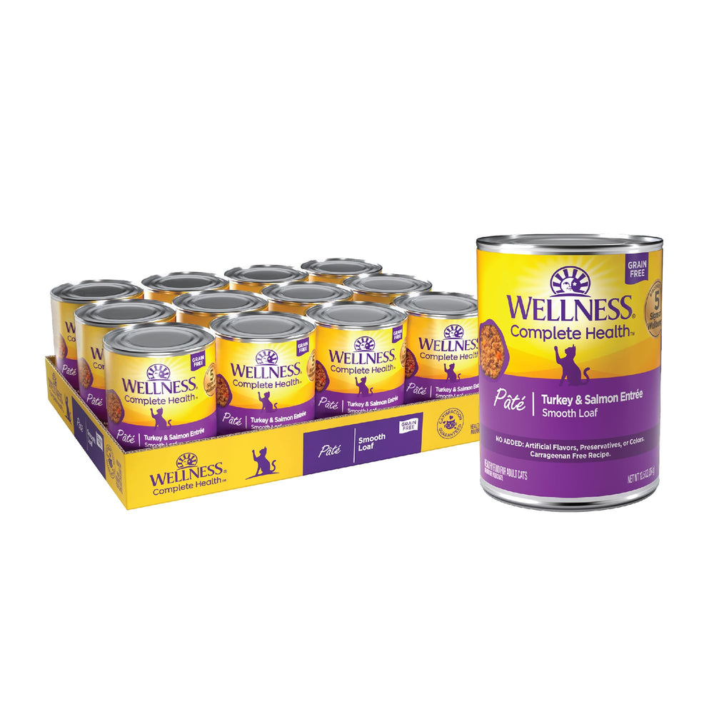 Wellness Complete Health pate cat food shows smooth turkey and salmon entree, ideal daily meal.