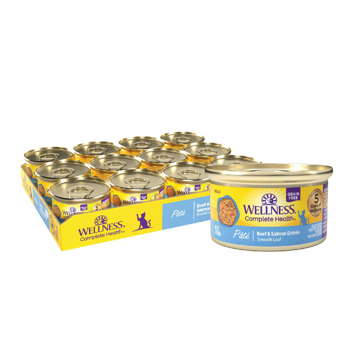 Wellness Complete Health Pate cat food can, grain-free and protein-rich.
