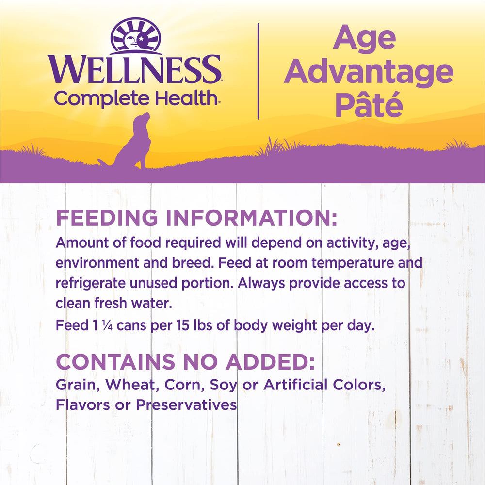 Wellness Complete Health Pate Age Advantage can badge notes omega fatty acids for coat health.