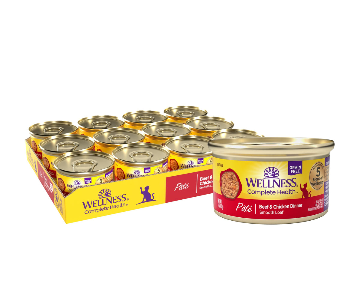 Wellness Complete Health Pate beef-chicken dinner can, high-protein meal for adult cats