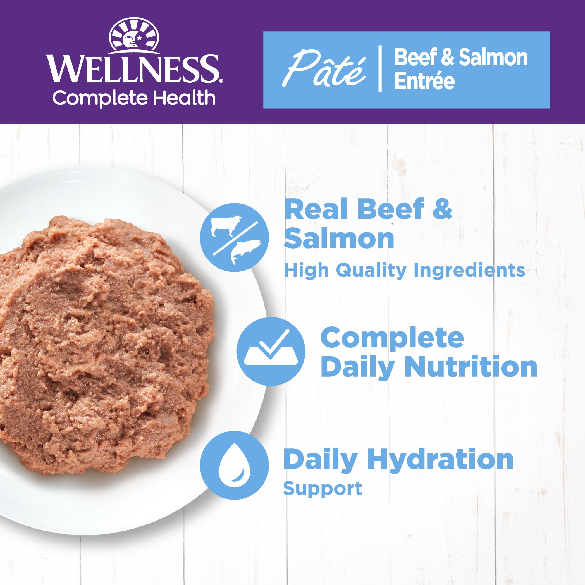 Wellness Complete Health Pate beef and salmon entrée served in a bowl.