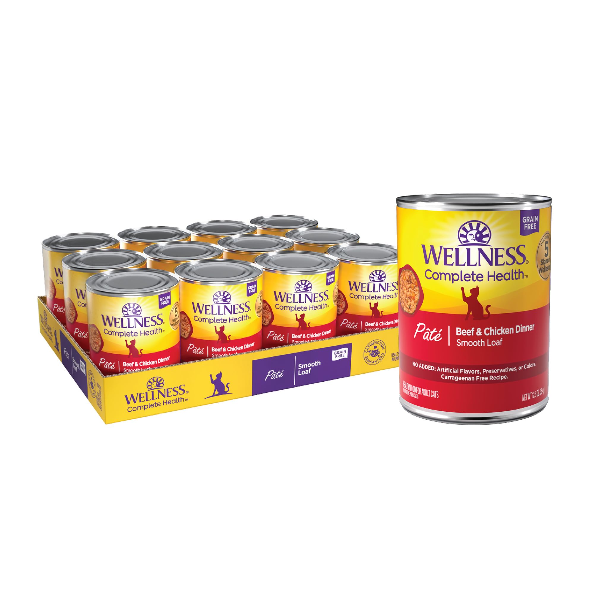 Wellness Complete Health Pate cat cans showing beef and chicken blend for everyday protein.