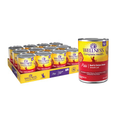Wellness Complete Health Pate cat cans showing beef and chicken blend for everyday protein.