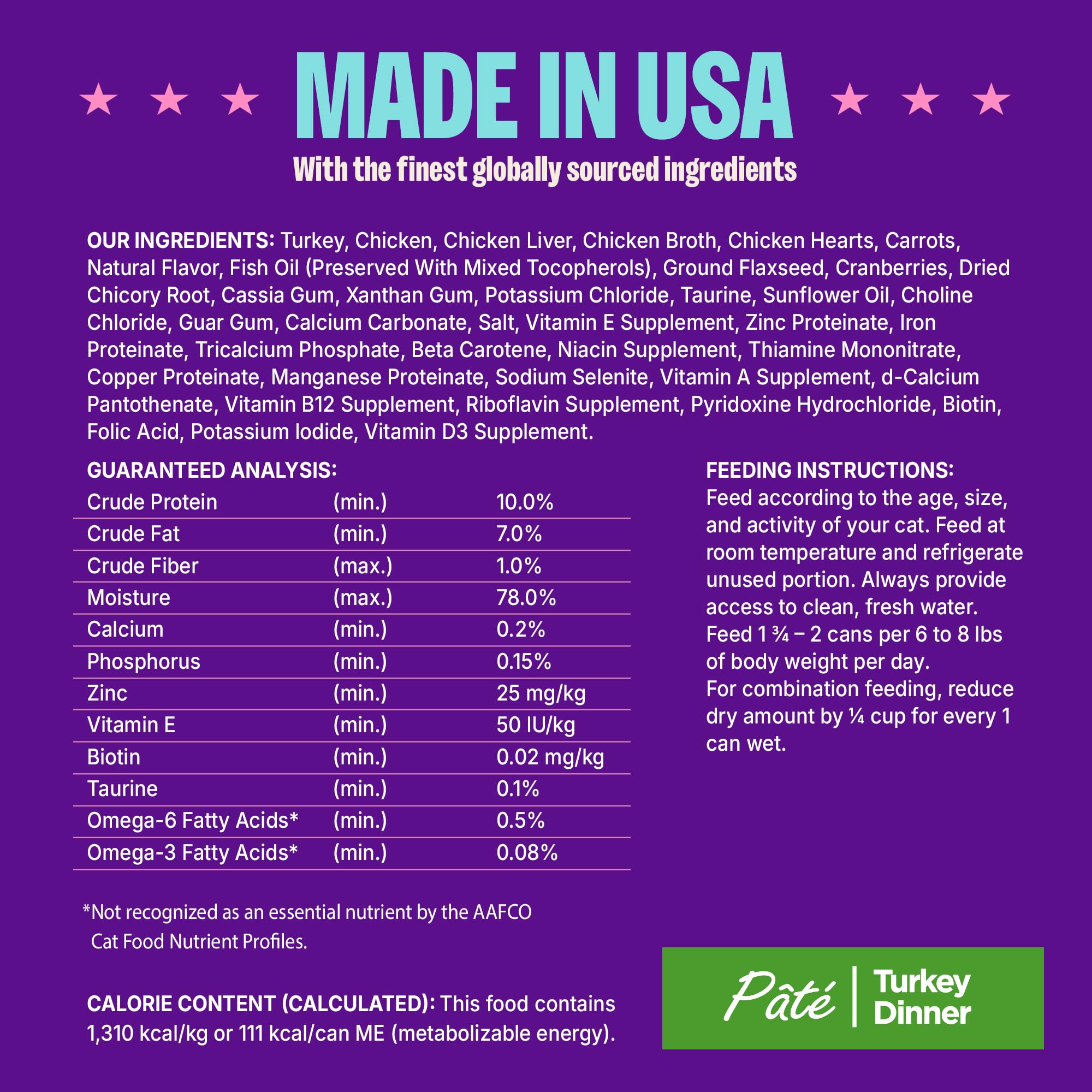 Wellness Complete Health Pate turkey dinner product detail shows fatty acids and minerals