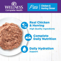 Wellness Complete Health Pate chicken-herring dinner closeup, high-protein dinner for daily energy.