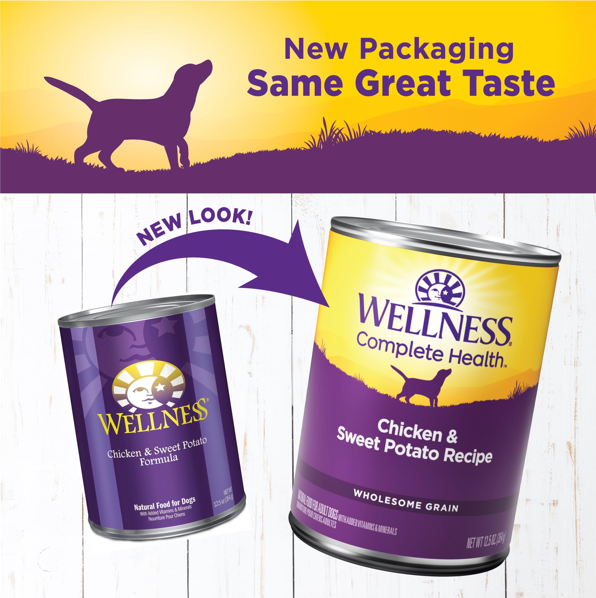 Wellness Complete Health Pate chicken and sweet potato label on can.