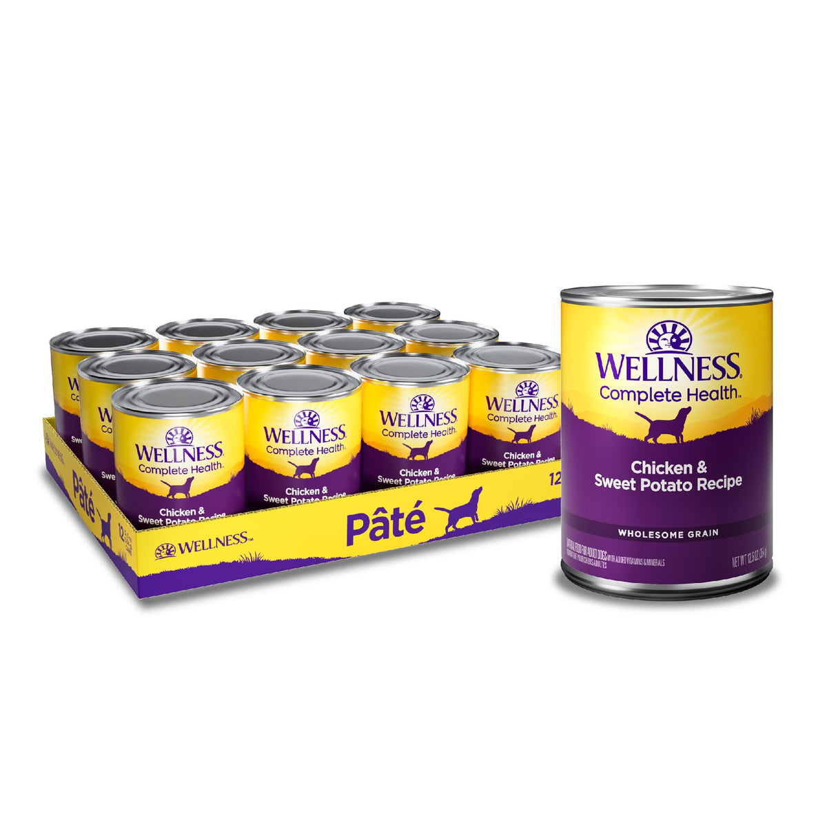 Wellness Complete Health Pate dog food cans in a pack, convenient for daily meals.