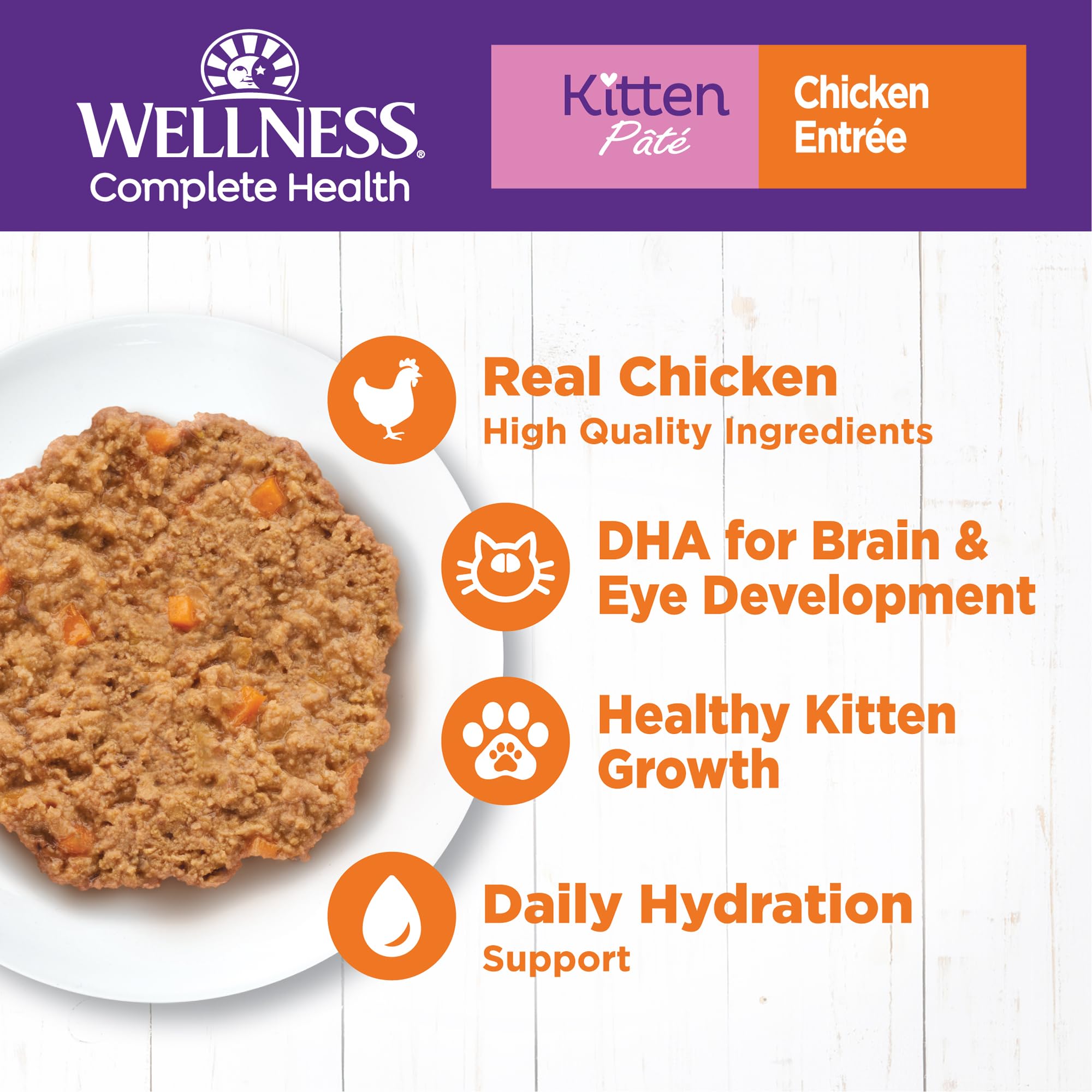 Wellness Complete Health kitten pate can label highlights grain-free formula