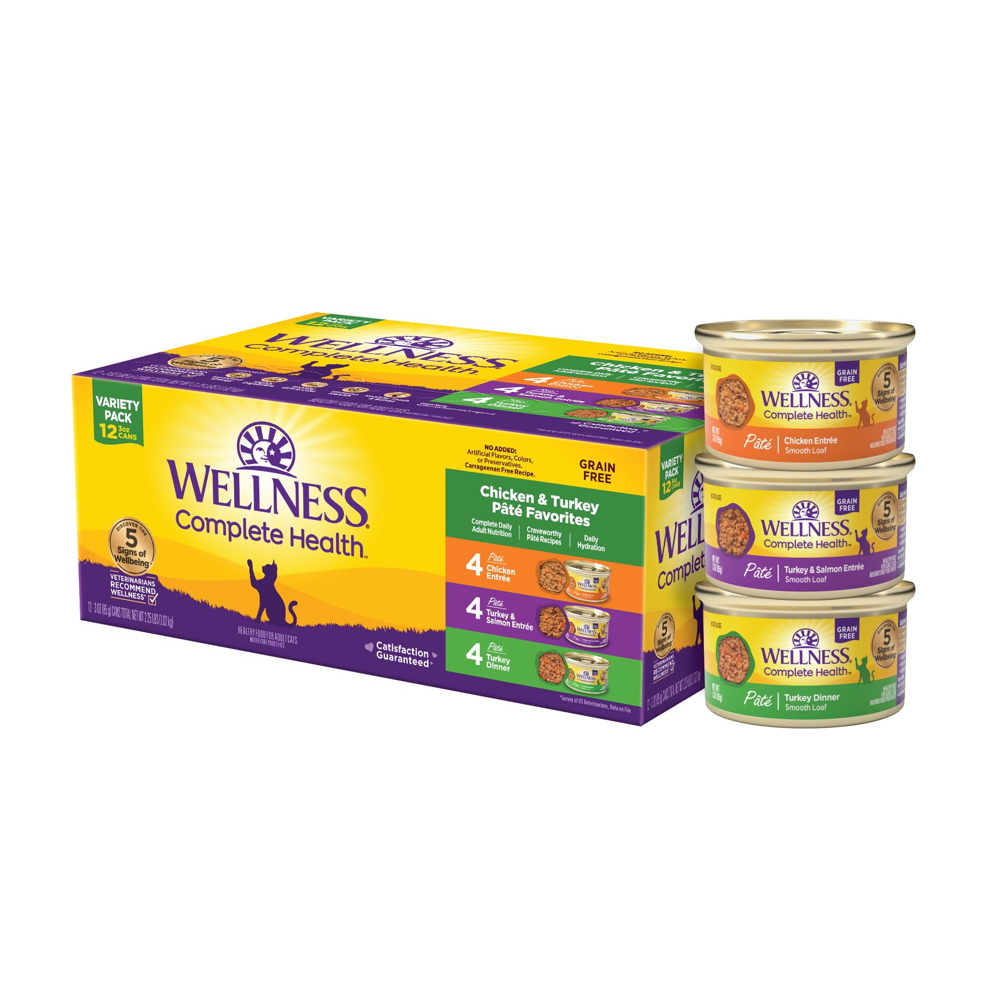 Wellness Complete Health variety pack cans showcase protein-rich meals for adult cats.