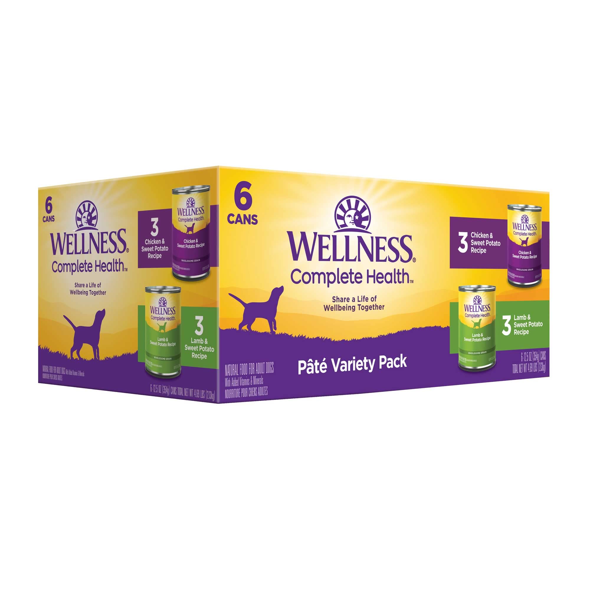 Wellness Complete Health Pate variety pack six cans displayed for dog meals