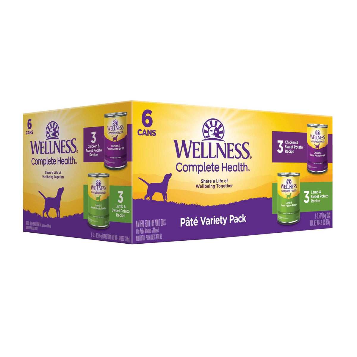 Wellness Complete Health Pate variety pack six cans displayed for dog meals