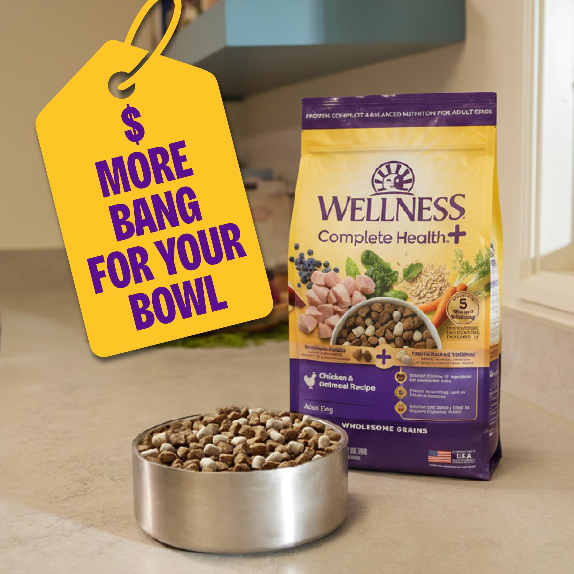 Meal-time shot captures a dog enjoying Wellness kibble and Wellbites