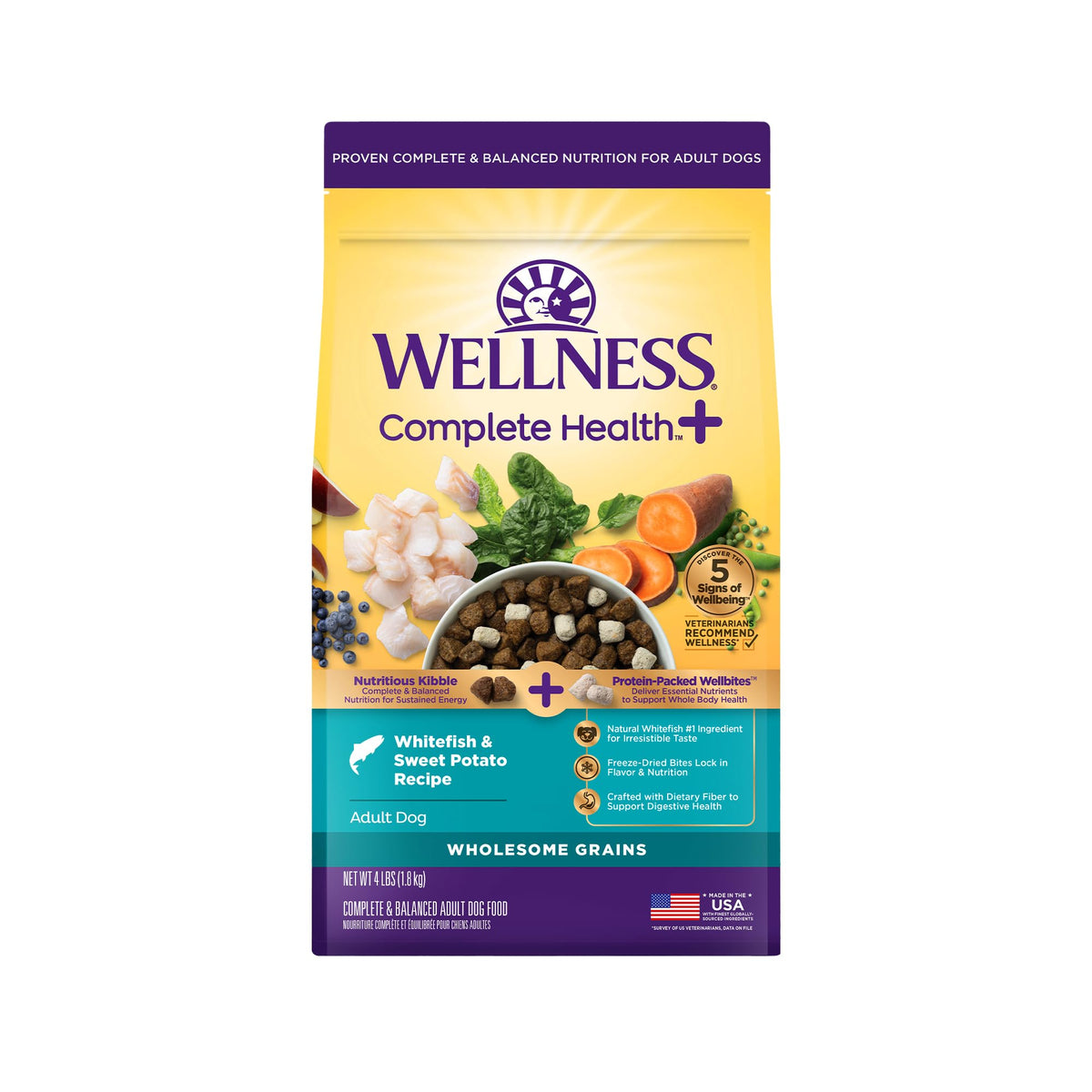 Wellness Complete Health+ dry dog food bag framed for consistent daily nutrition