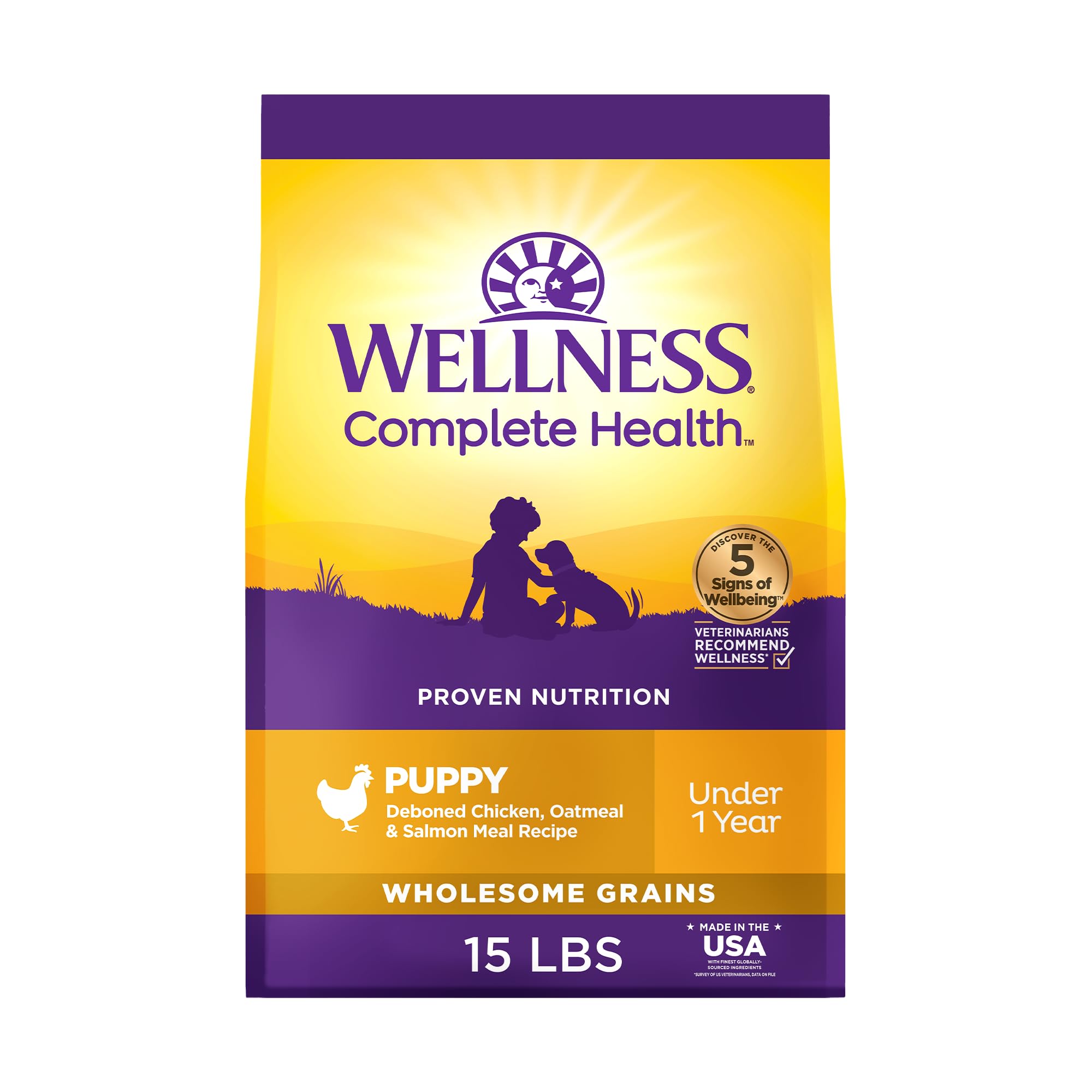 Wellness Complete Health Puppy bag front promotes healthy growth for puppies